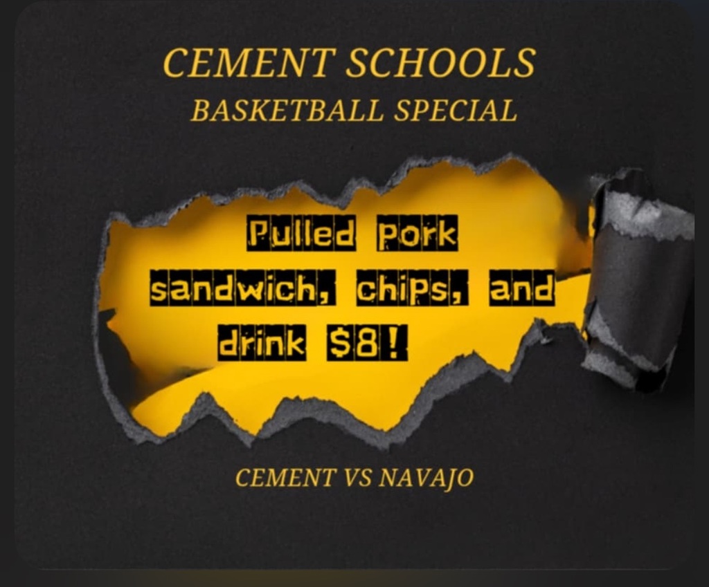Cement school made flyer for their $8 meal. It is a black paper that is torn in the middle exposing a yellow back ground with their message.