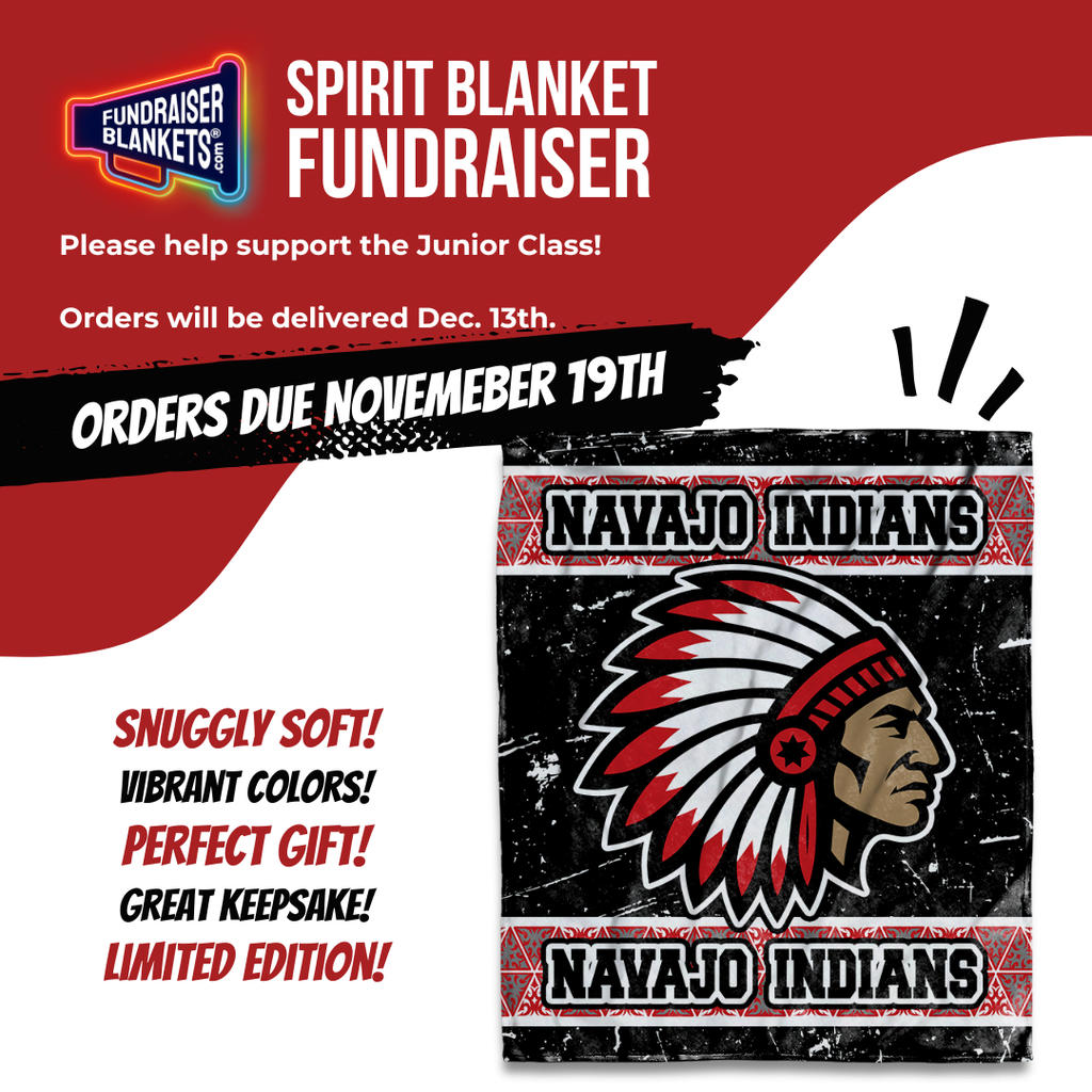 Flyer showing the blanket that is for sale. Blanket is a distressed black background with two distressed red banners saying Navajo Indians. One banner at the top and one banner at the bottom. In the middle there is a clear image of the Navajo mascot Indian head.