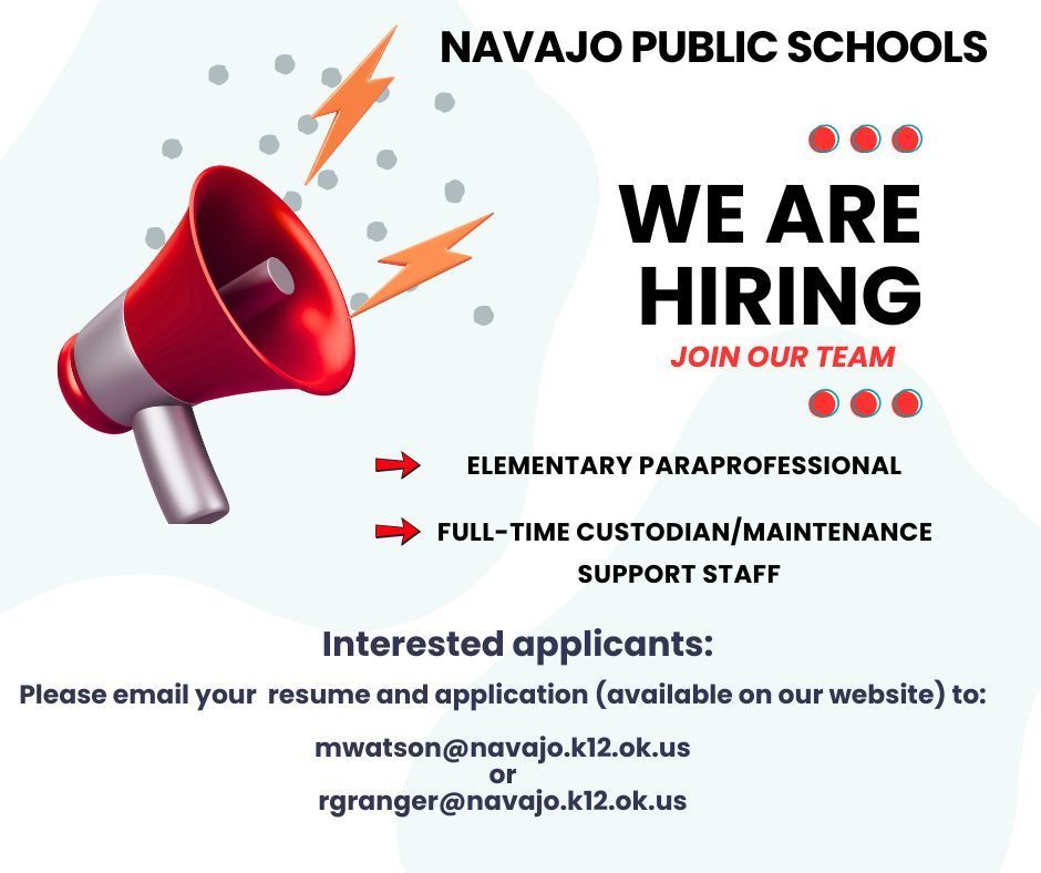 Flyer with a mega phone showing we are hiring and information on openings.