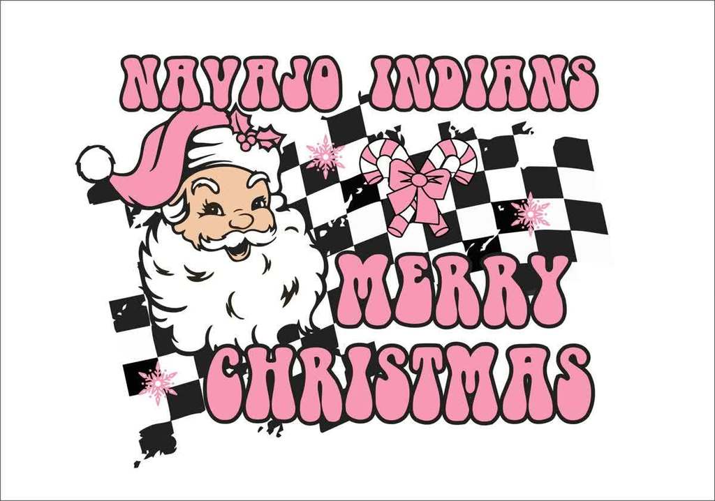 black and white checkered background with a santa face to the left, wearing a pink hat and in the same pink writing it says Navajo Indians merry Christmas. There are some small pink fire works and 2 pink and white candy canes tied together with a pink bow.