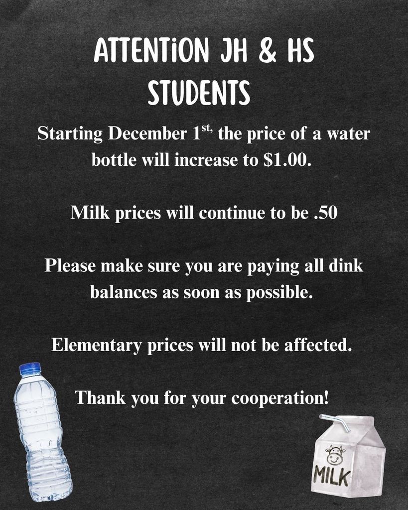 Balck Chalk Board background with a message about drink prices. On the bottle of the page there's a clear water bottle and a cartoon milk cartoon with a black cow drawn on the front.