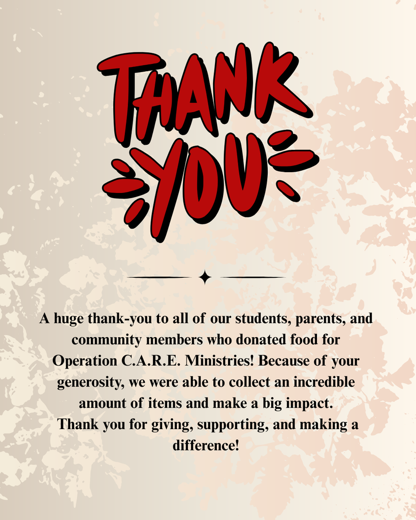Simple cream background with blotches of lighter colors. At the top in large red/black bubble letters it says thank you. At the bottom is our school message. 