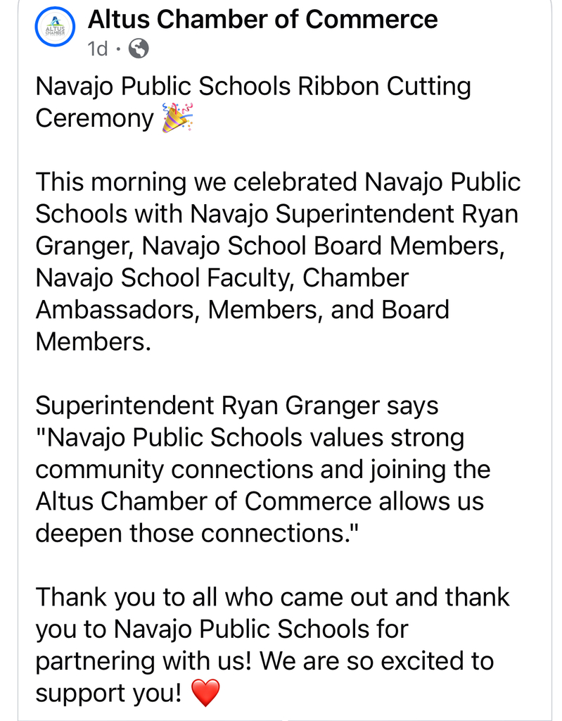 A screen shot of the Altus Chamber of Commerce facebook post welcoming navajo.