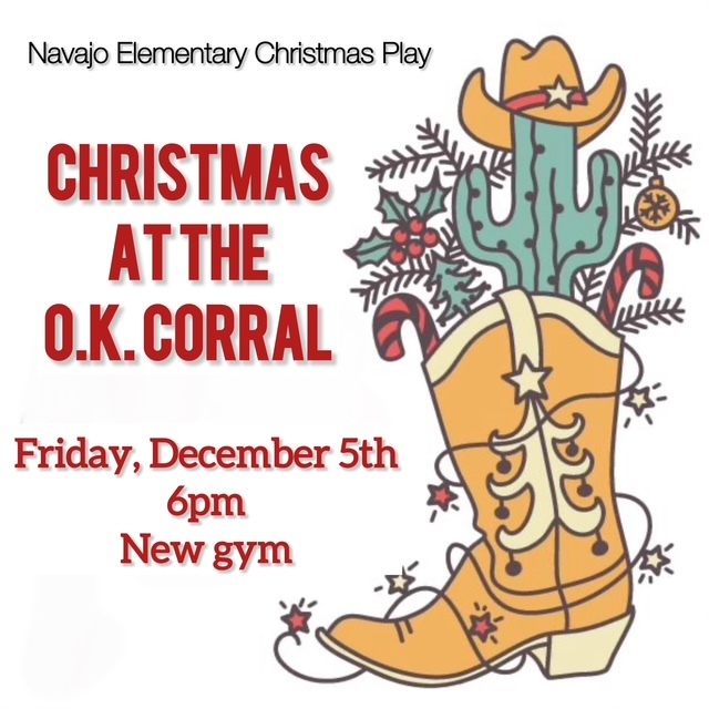 Flyer with a cowboy boot wrapped loosley in christmas lights and filled with a cactus cowboy hat candy canes and greenery.