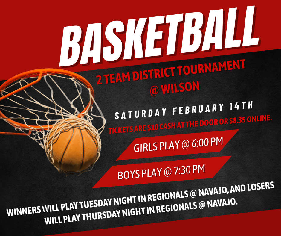 Black and red flyer with a basketball going  through a hop with information in bold about upcoming games.