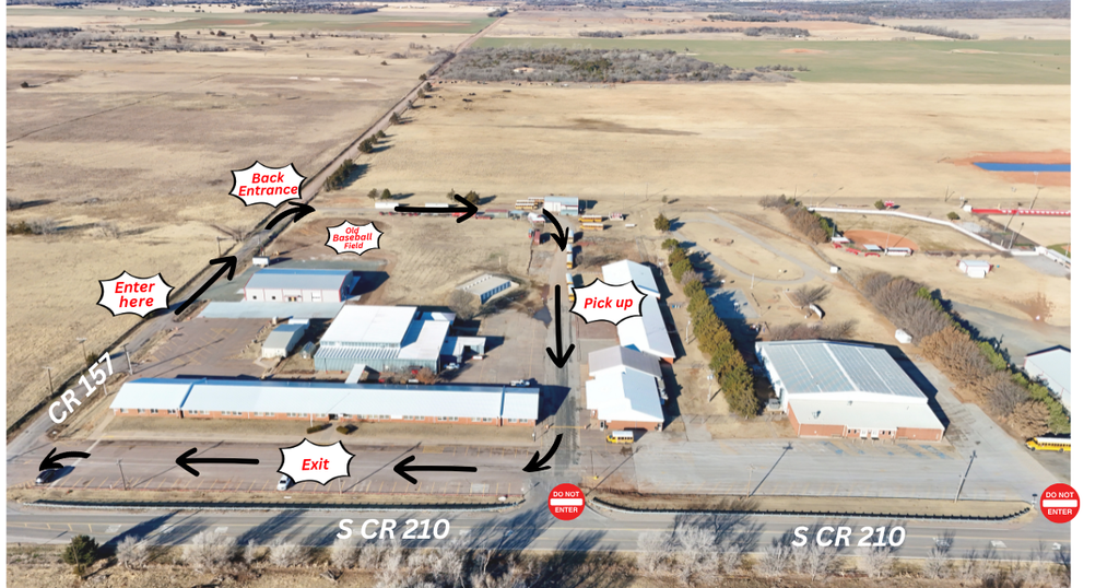 Arial image of school grounds with arrows pointing out the route parents should be driving tomorrow.