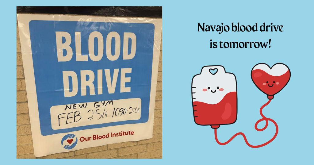 Blood drive info on a blue back ground with a cartoon medical equipment smiling.