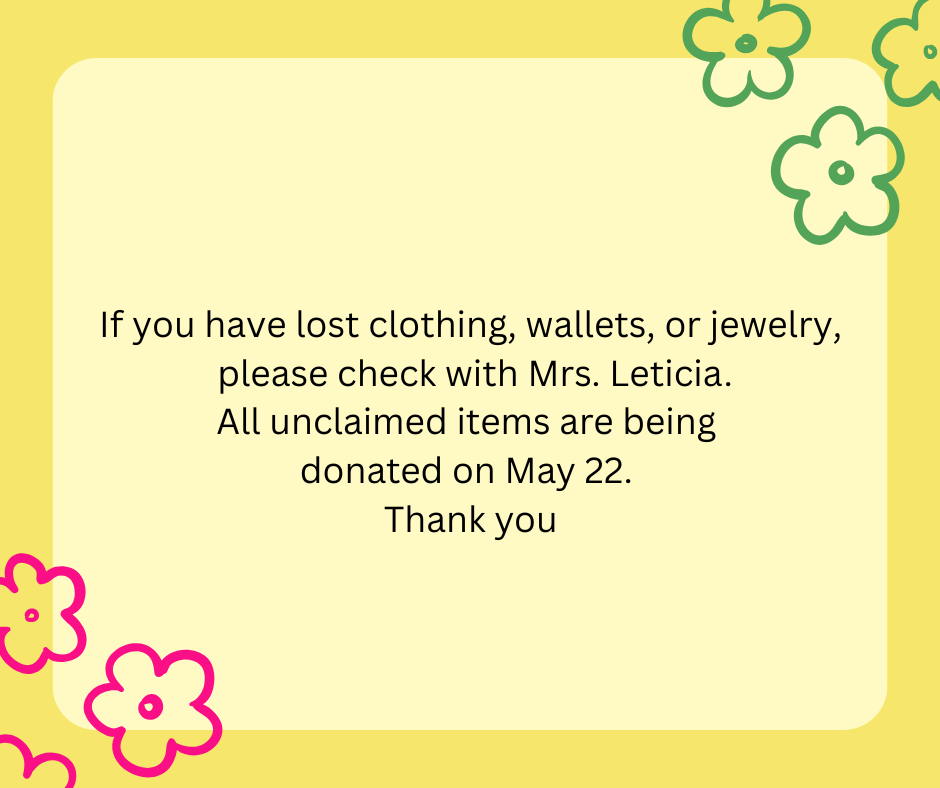 Yellow flyer with colored doodled flowers about lost items being donated