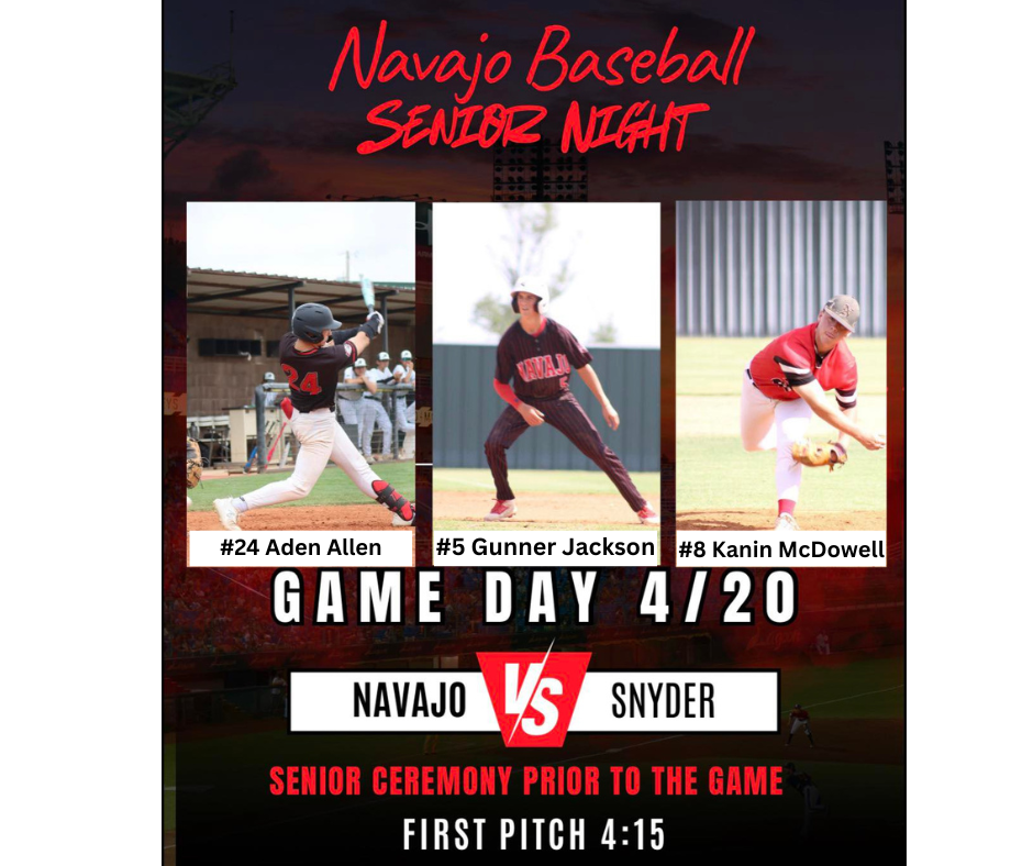 Baseball senior night flyer with pictures of the 3 seniors playing ball.