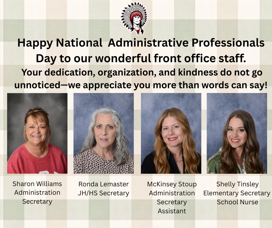Poster thanking our front office staff with a school portrait of mrs Williams, Mrs Lemaster, Mrs Stoup, and Mrs Tinsley