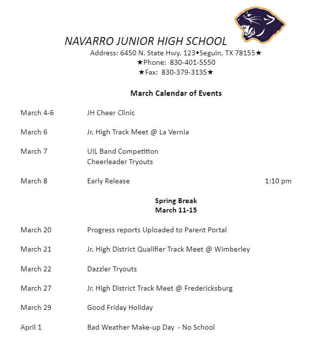 March Calendar of Events | Navarro Junior High School