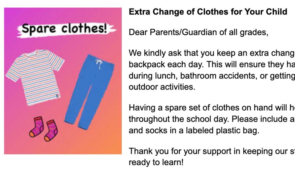 Extra Change of Clothes for Your Child Message