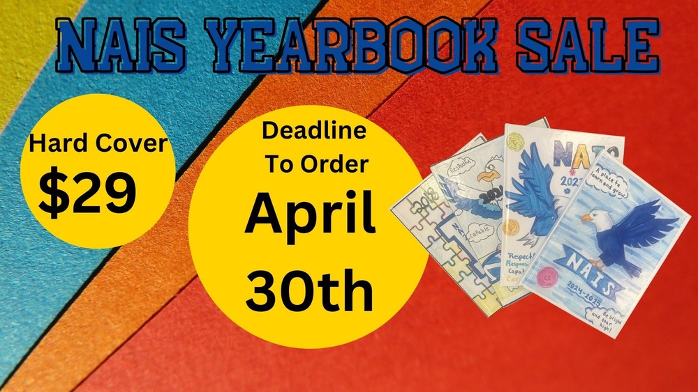 Bright colorful image with yearbooks on it advertising yearbook sale