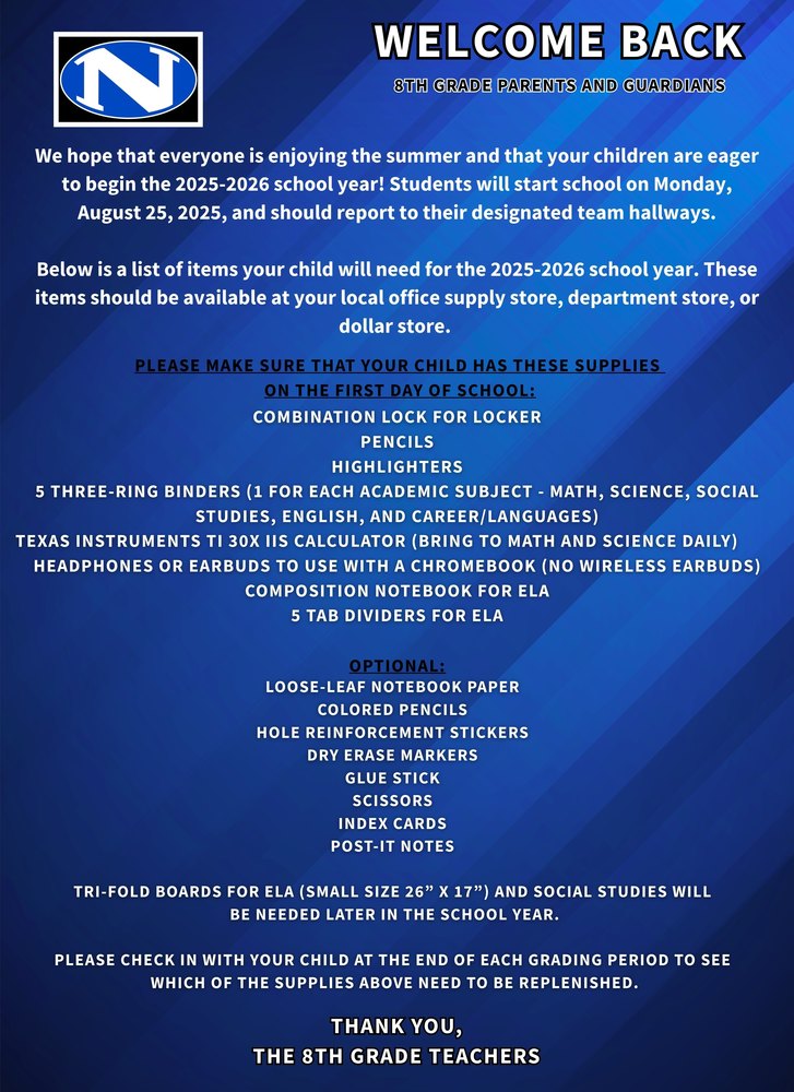 8th Grade Supply List