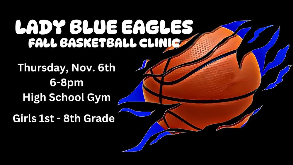 basketball on blue and black background adversiting fall clinic for girls