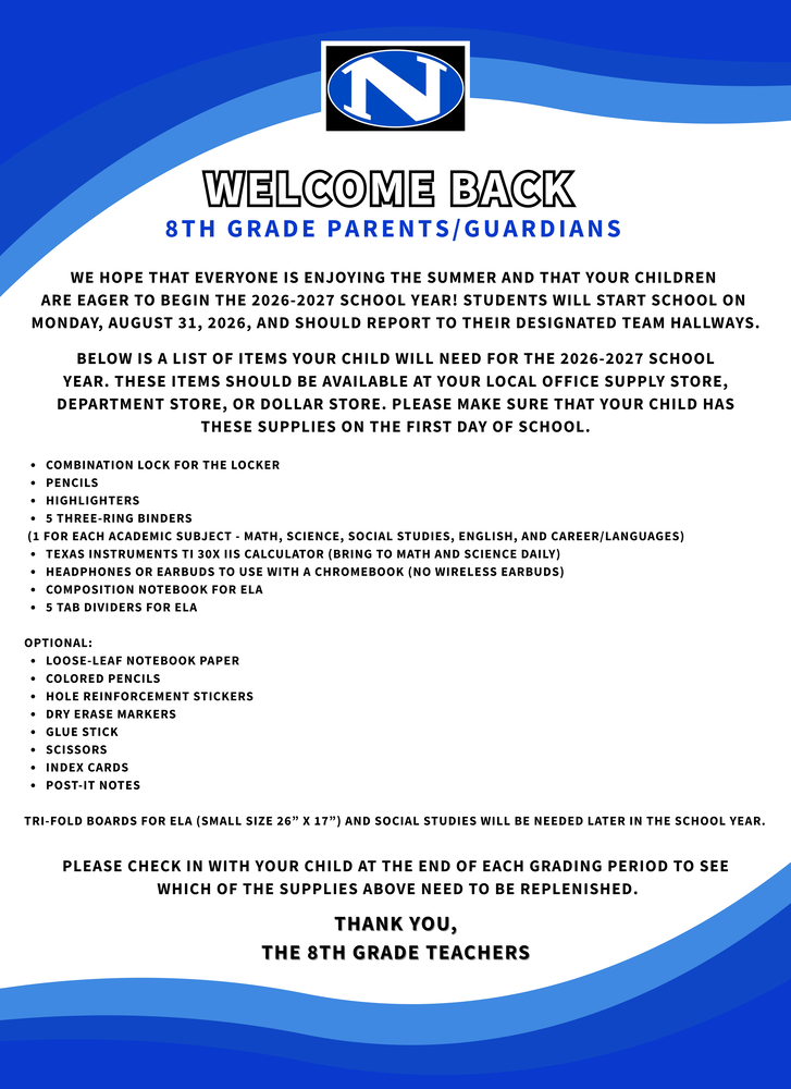 8th Grade Supply List 26 27