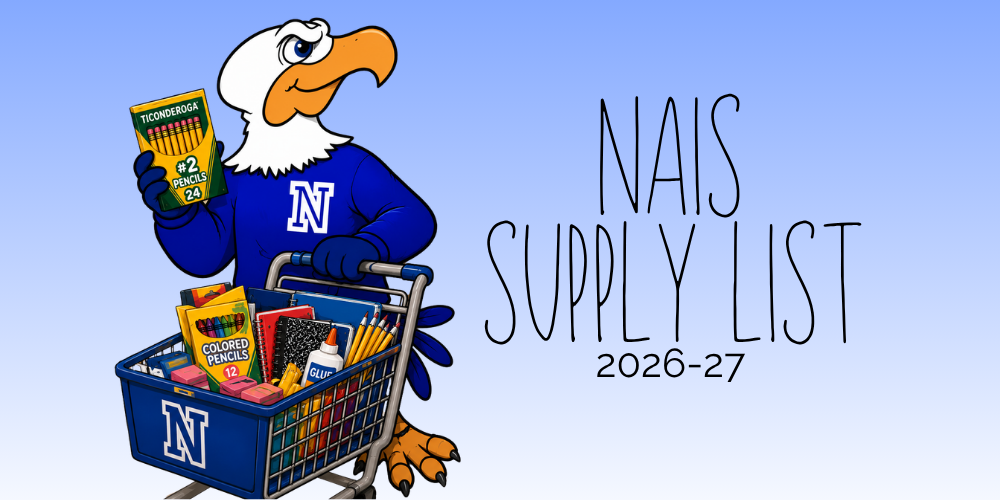 eagle with shopping cart full of school supplies