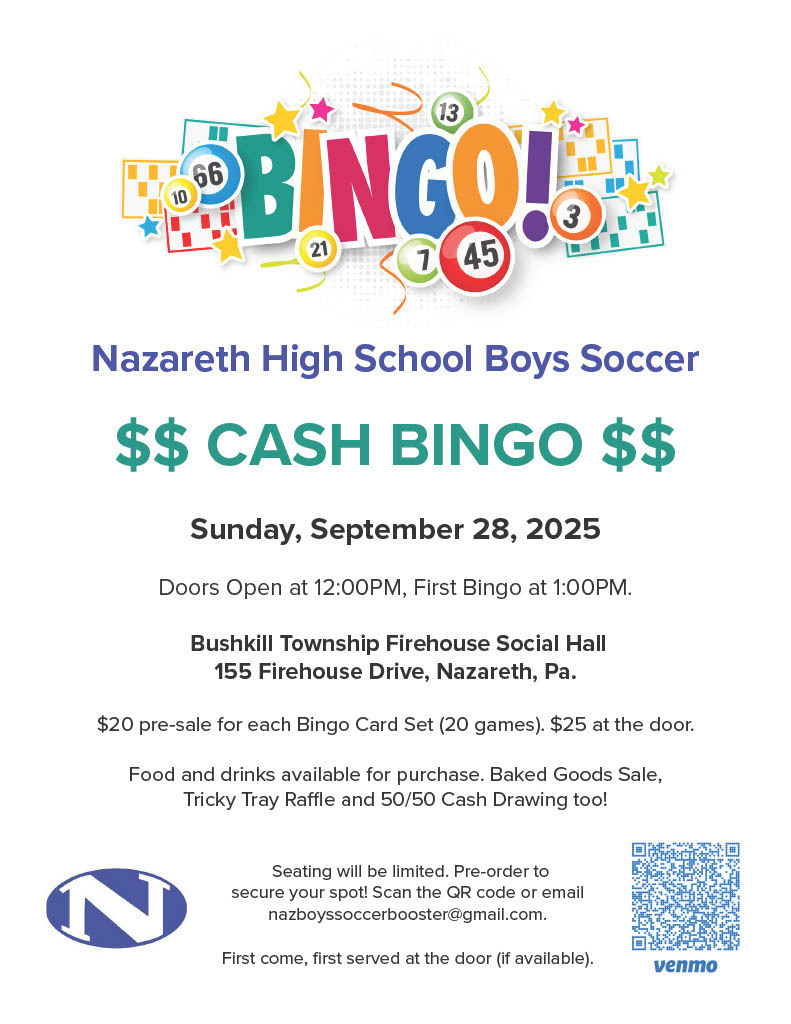 Nazareth Boys Soccer Booster Club Cash Bingo - Sept. 28, 2025