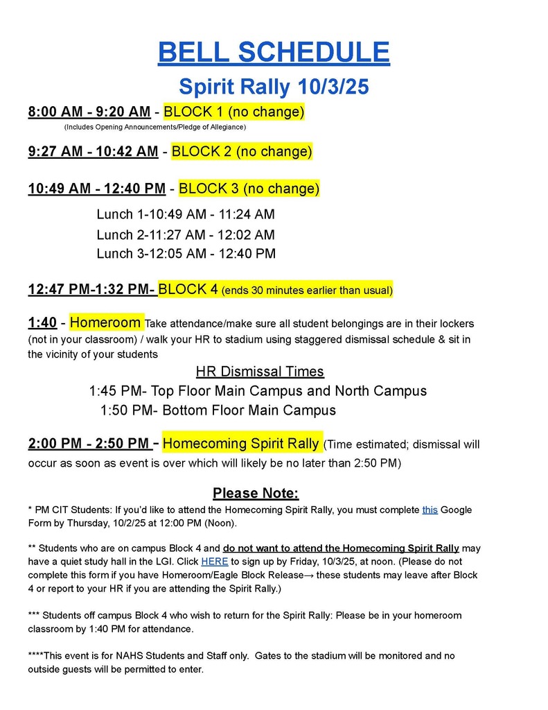 Special Bell Schedule - Friday, October 3rd