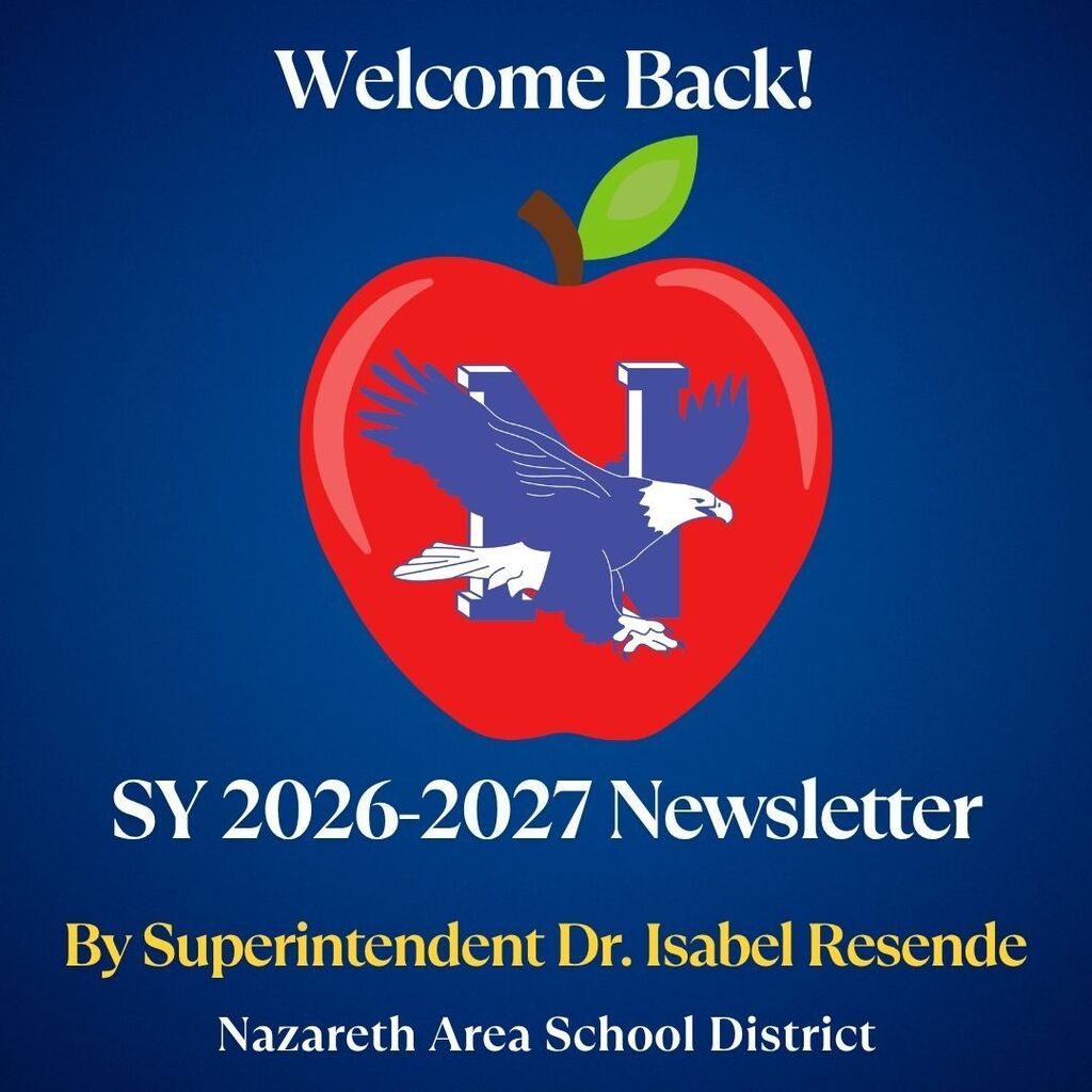 Blue background with an apple, a blue eagle, and the text "Welcome Back!" and "SY 2026-2027 Newsletter" by Superintendent Dr. Isabel Resende.