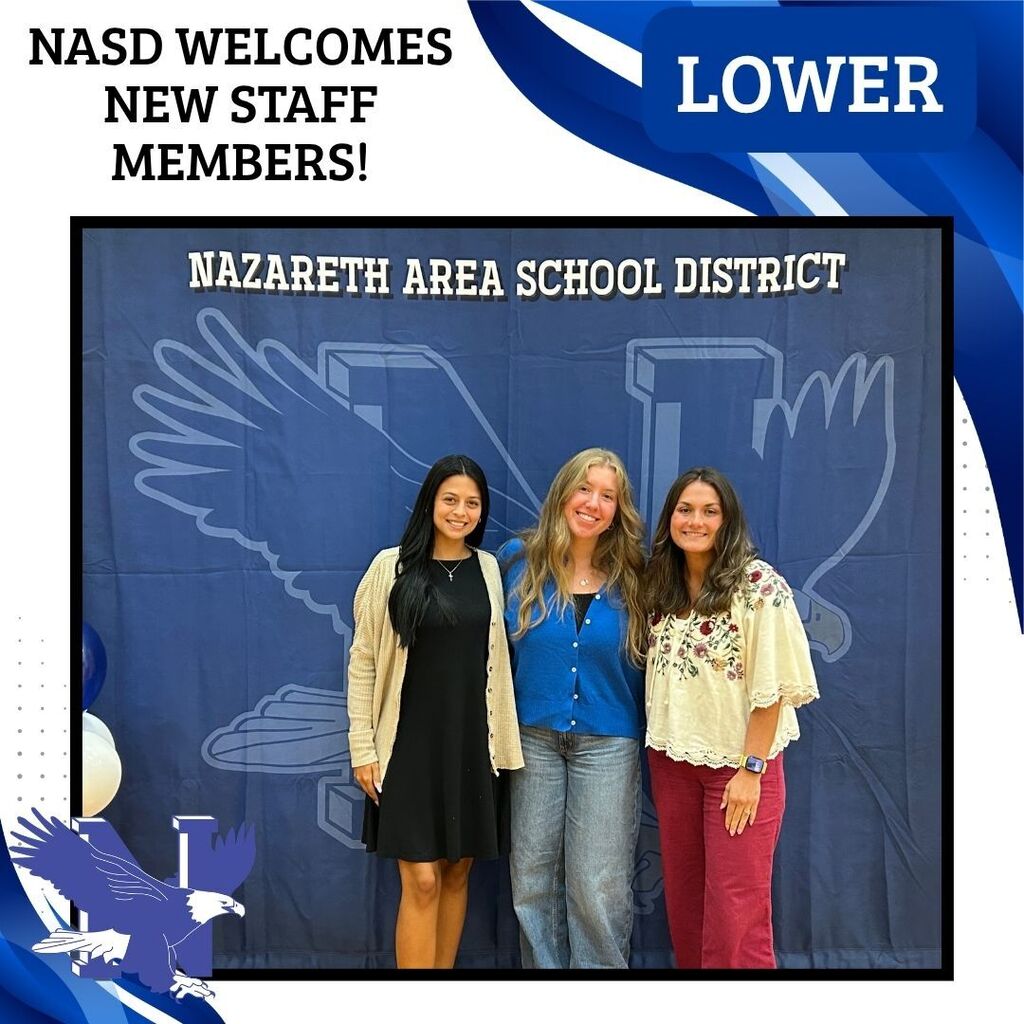 Three women stand together in front of a blue backdrop displaying the Nazareth Area School District's logo.