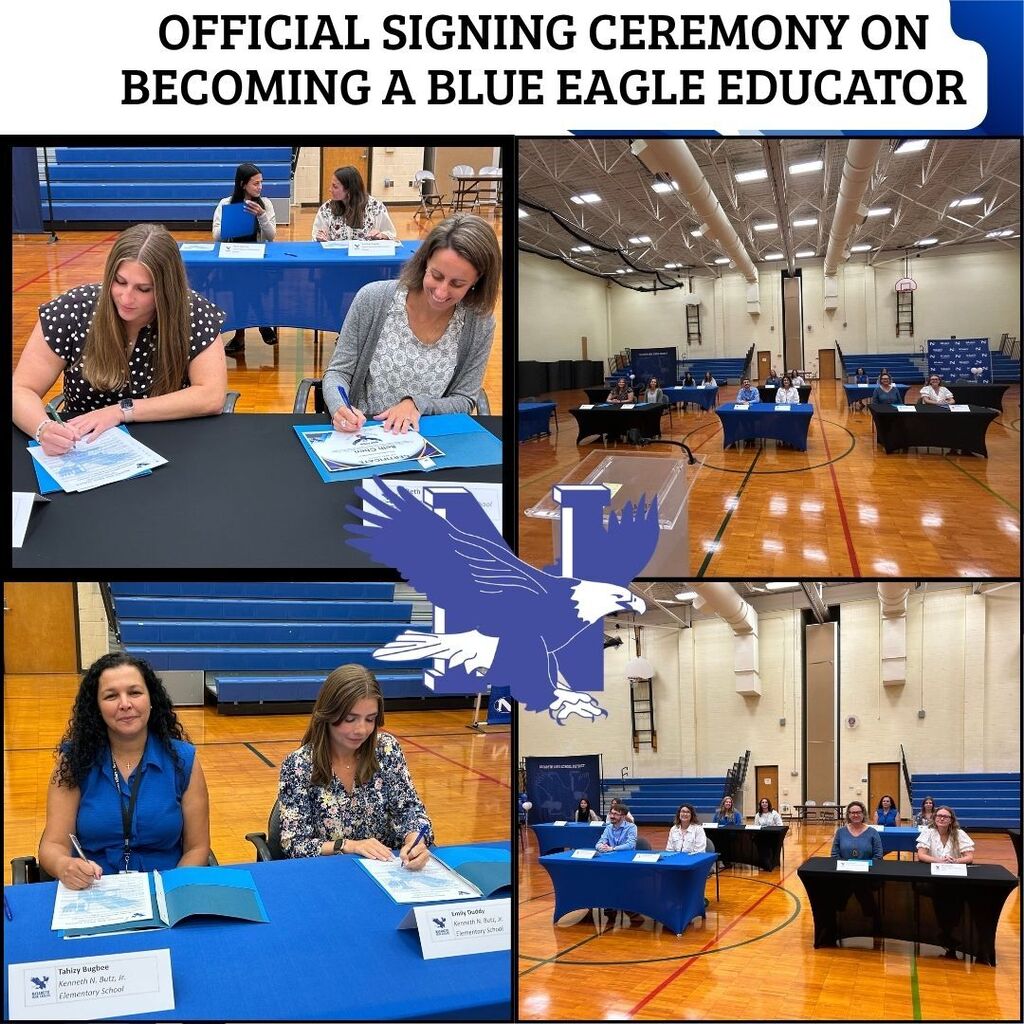A collage of four photos shows people seated at tables signing documents. The central image features a stylized eagle.