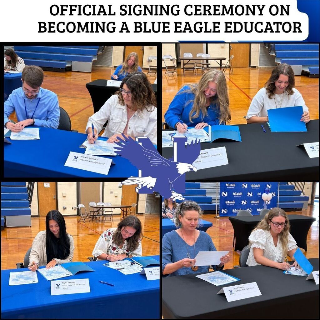 Multiple images of people signing papers, some wearing blue shirts, in a gymnasium. Each photo has a blue tablecloth and papers.