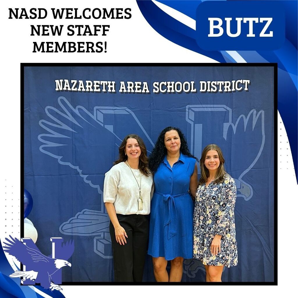 Three women stand in front of a backdrop with "Nazarath Area School District" and an eagle logo.