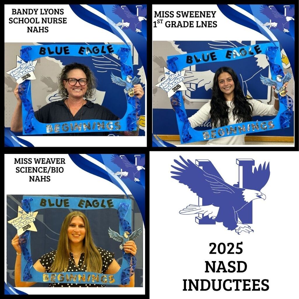 Four individuals, two wearing glasses, hold photo frames with blue eagle graphics. Names and roles are displayed on the frames.