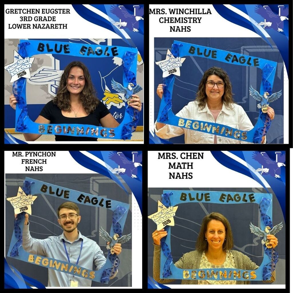 Four images of educators, each holding a blue sign with "Blue Eagle" and their names. The background is blue with a star pattern.