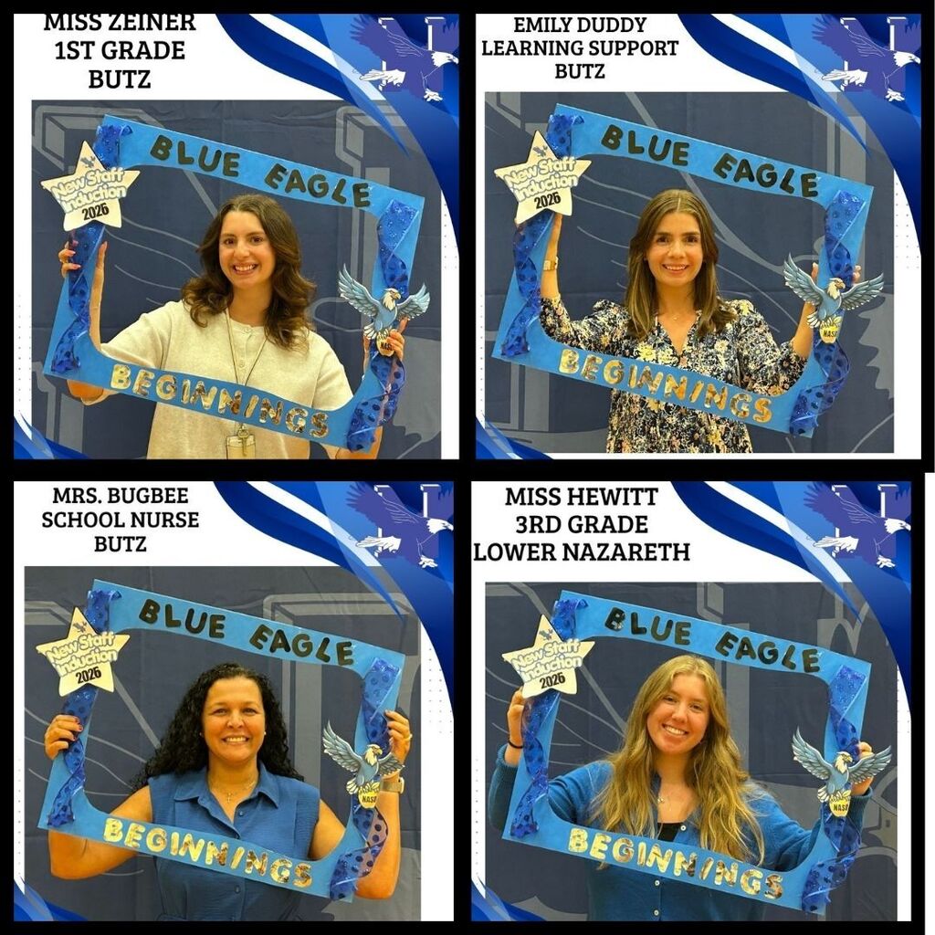 Four photos in a grid show women holding signs with "Blue Eagle" and "Begwinter" on them. Names and roles are below each photo.