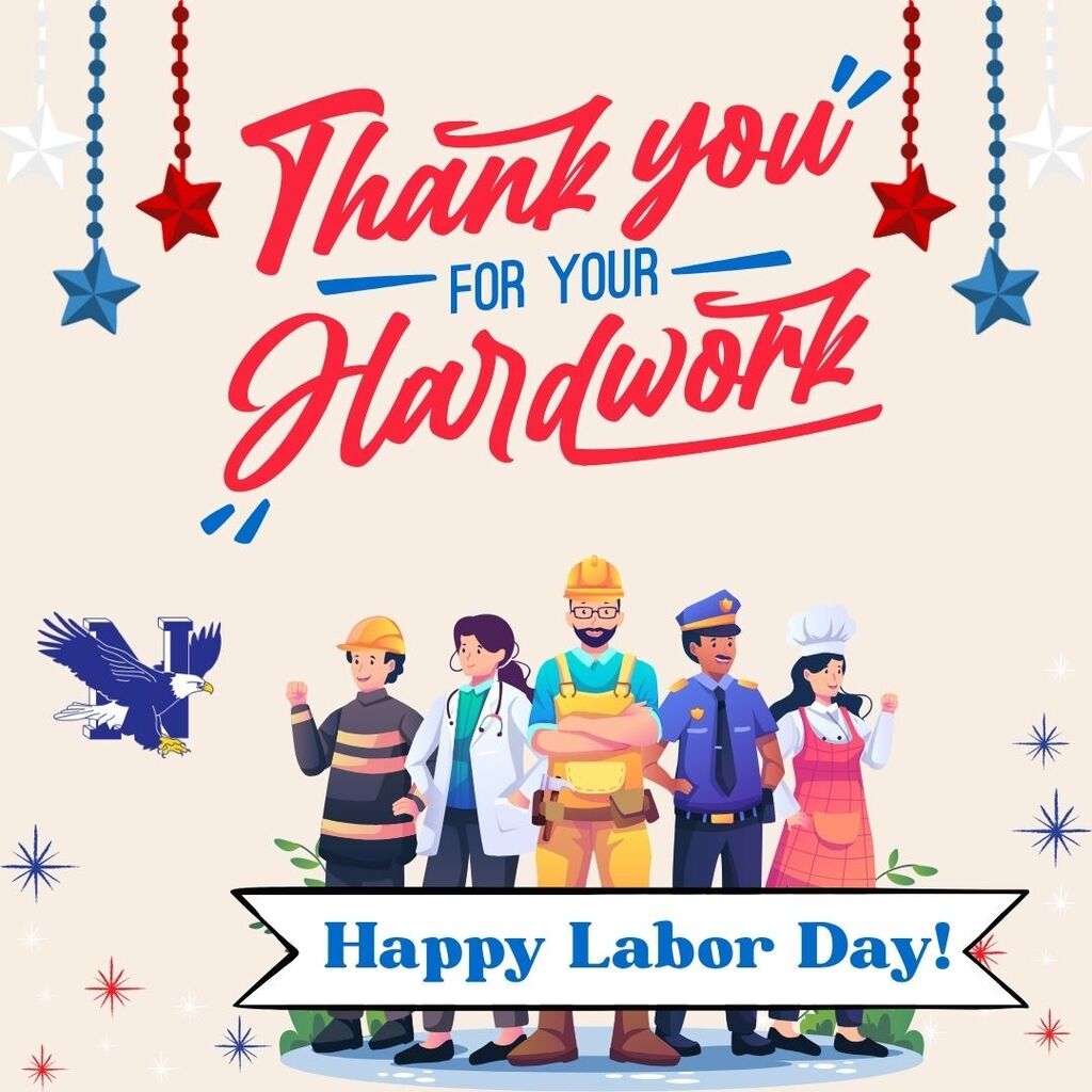 Illustration shows a group of diverse workers in different roles. Above, "Thank you for your hard work" and "Happy Labor Day!" is displayed.