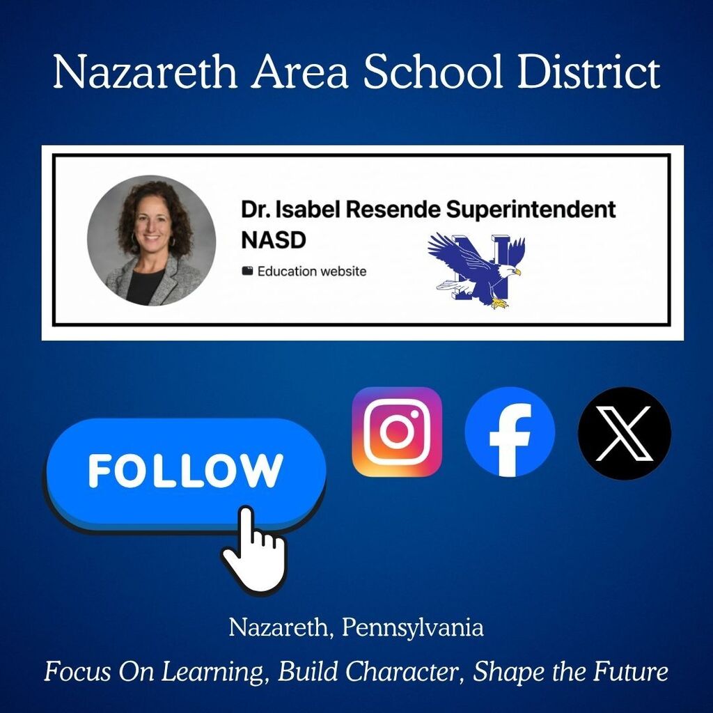 A blue backdrop features a woman's headshot with text, "Dr. Isabel Resende Superintendent NASD". Below is a "Follow" button and icons for social media.