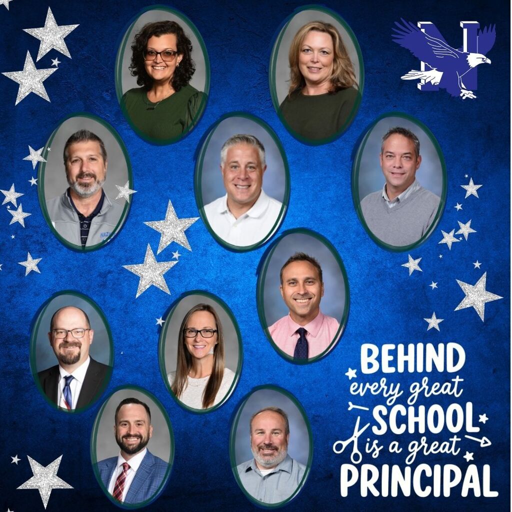 A collage of seven circular photos of men and women. Caption reads, "Behind every great school is a great principal."