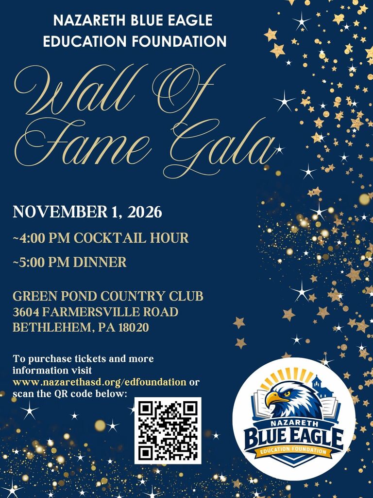 A blue event flyer for the Wall of Fame Gala, November 1, 2026. It has a blue background with gold stars and text.