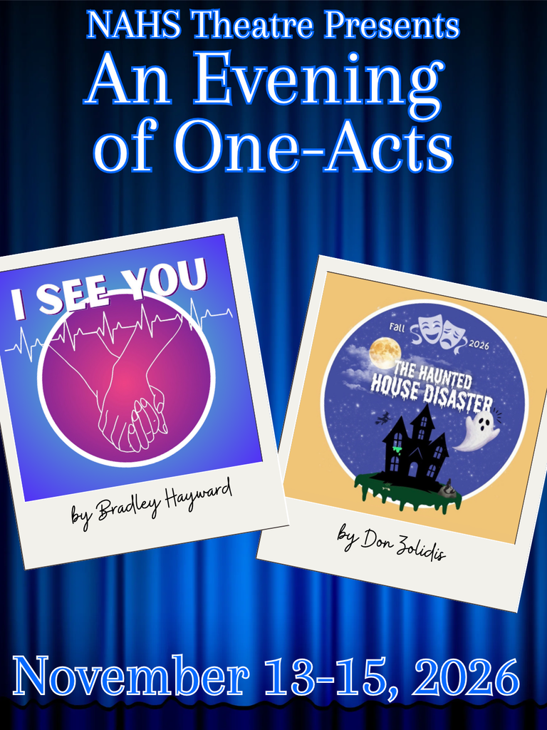 Poster with blue background shows two cards. Left card has a heart and reads "I See You by Bradley Hayward." Right card shows a haunted house and reads "The Haunted House Disaster by Don Zorick."