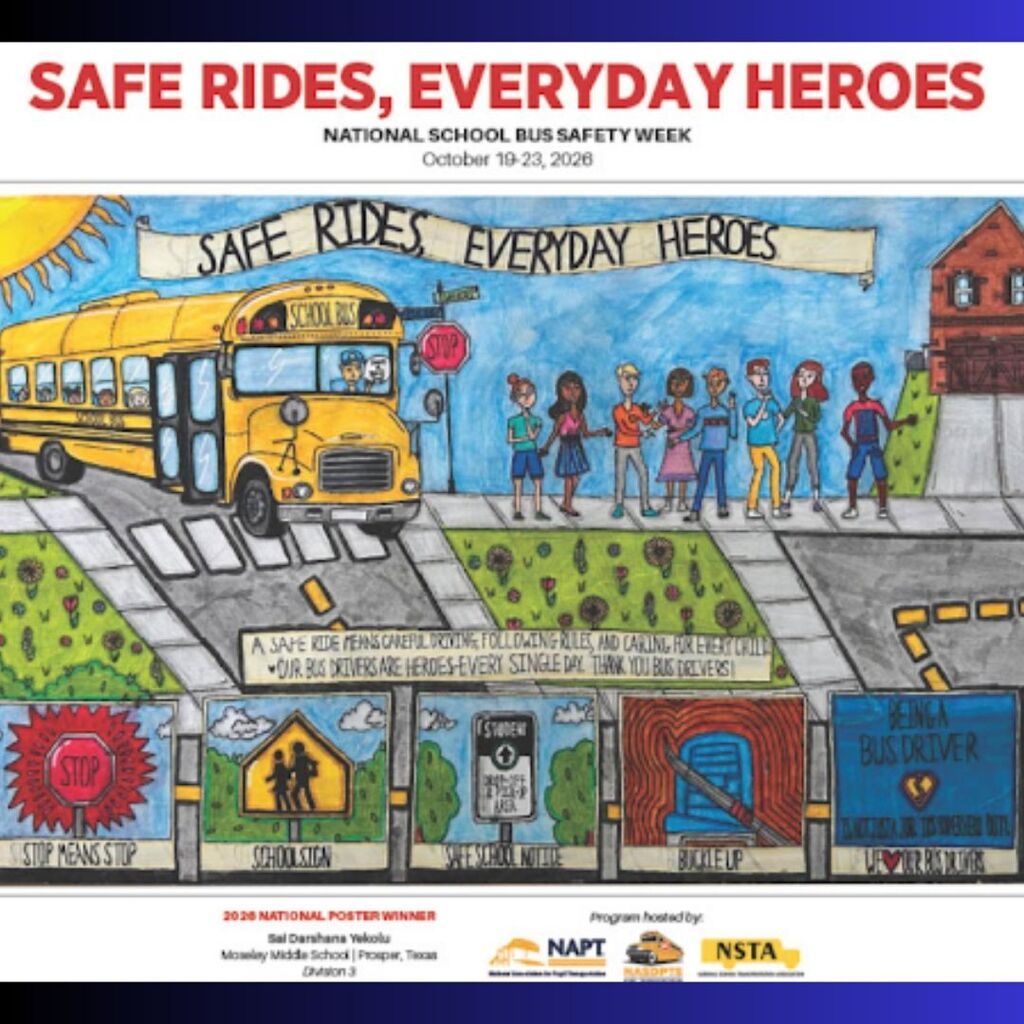 Illustration with a school bus and children on a sidewalk. Text reads "Safe Rides, Everyday Heroes".