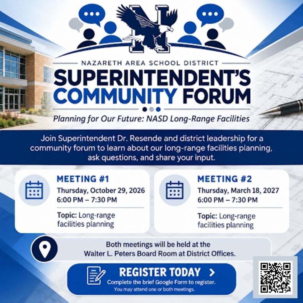Superintendent's Community Forum flyer shows two meeting dates, times, and topics, with a QR code for registration.