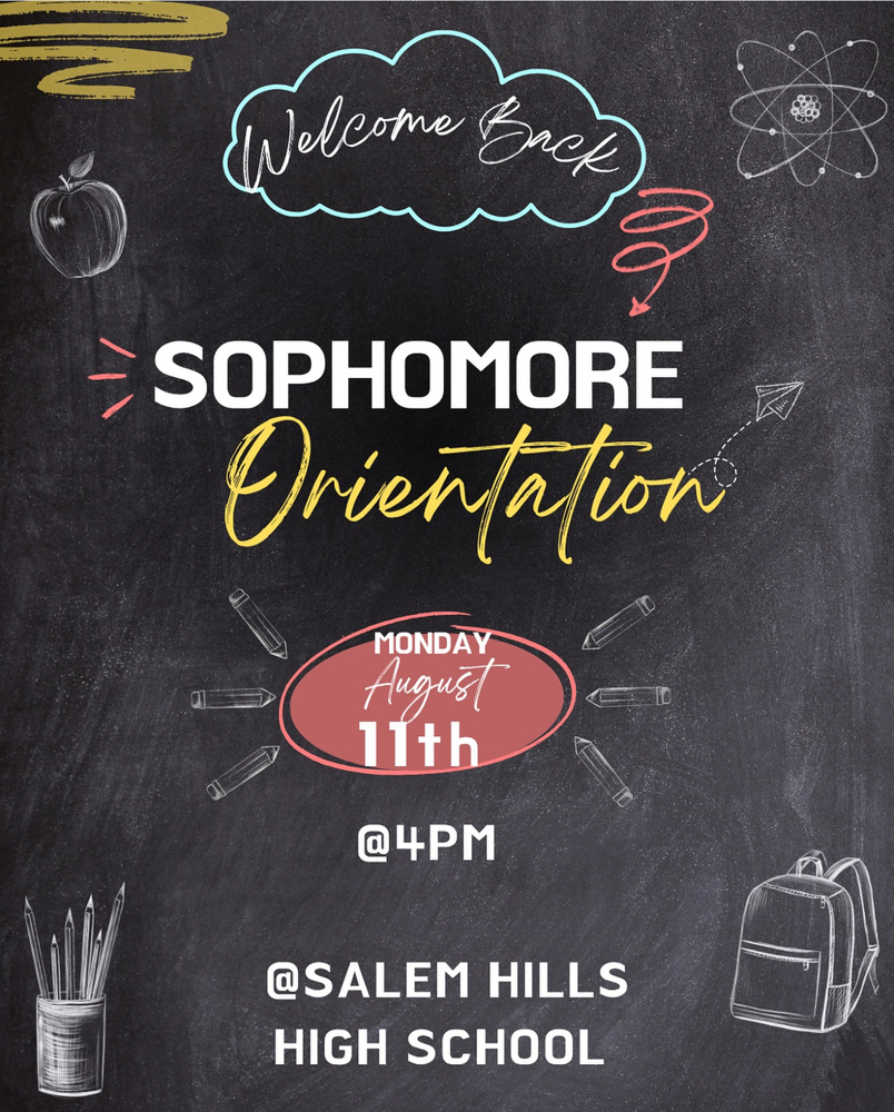 Sophomore orientation flyer, chalboard with backpackack and pencil clipart