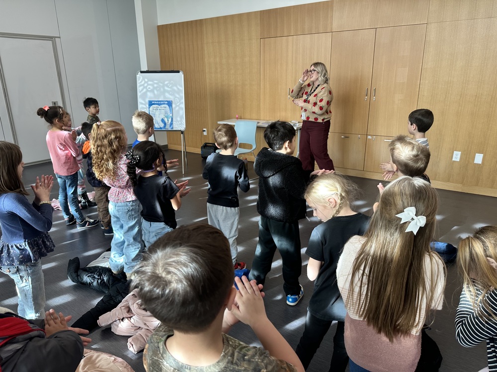 Kindergarteners  following along to a lesson at the Spanish Fork Library