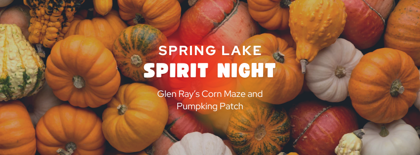 A pile of various colored pumpkins with the words "Spring Lake Spirit Night Glen Ray's Corn Maze and Pumpkin Patch"
