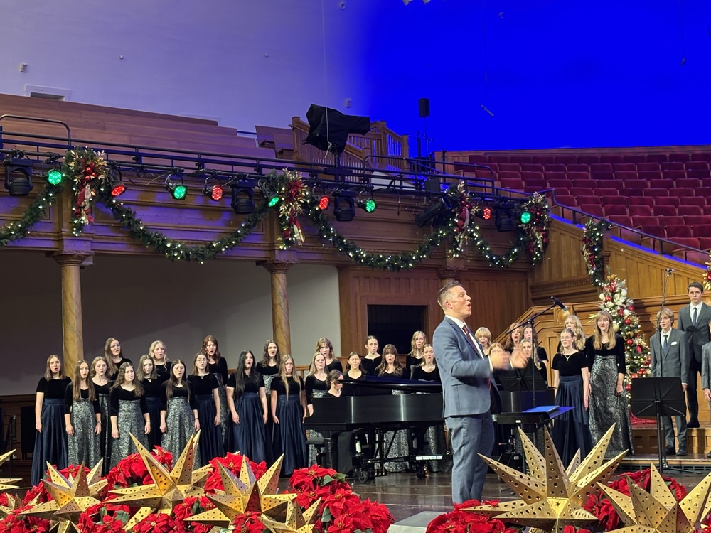 Choir on the stage at the tabernacle on Temple Square
