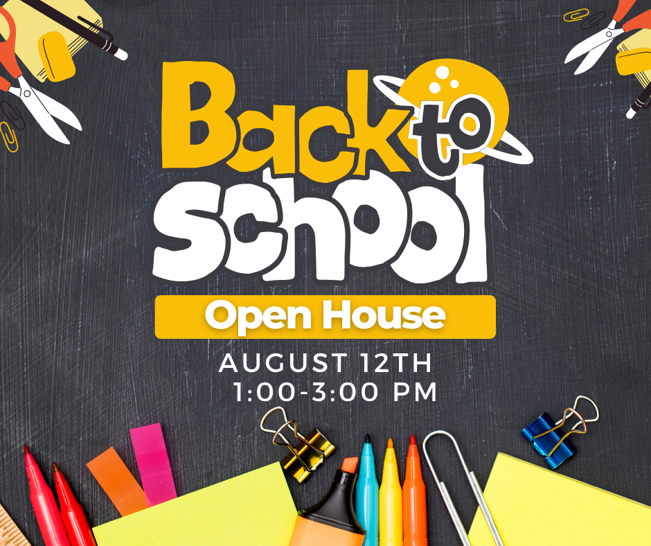 Black chalkboard with times for Open house