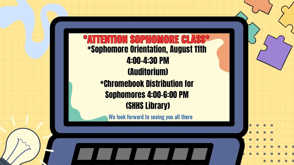 Chromebook announcement for sophomores for orientation on a laptop clipart with puzzle pieces and a light bulb