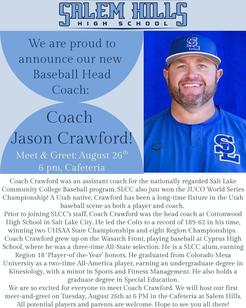 Baseball Coach Jason Crawford dressed in Blue SL baseball uniform