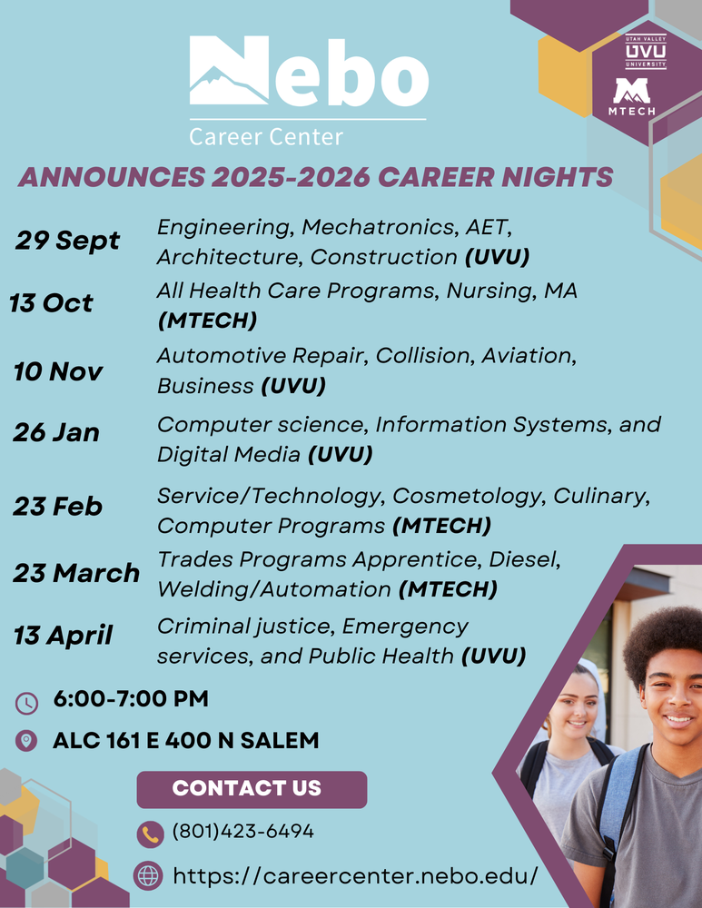 2025-26 Nebo Career Nights - Next date is 29 Sep. at 6:00 pm at the Nebo Advanced Learning Center