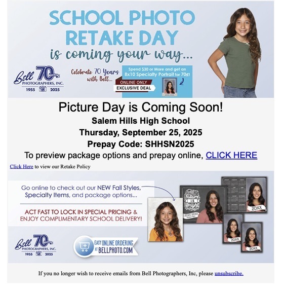 Picture Retakes! September 25th, Prepay code: SHHSN2025
