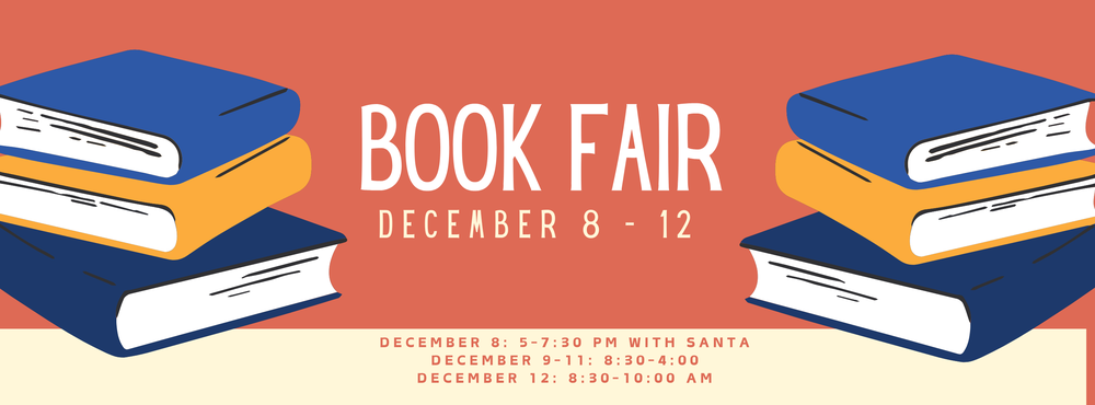 words Book Fair with books on the side and an orange background