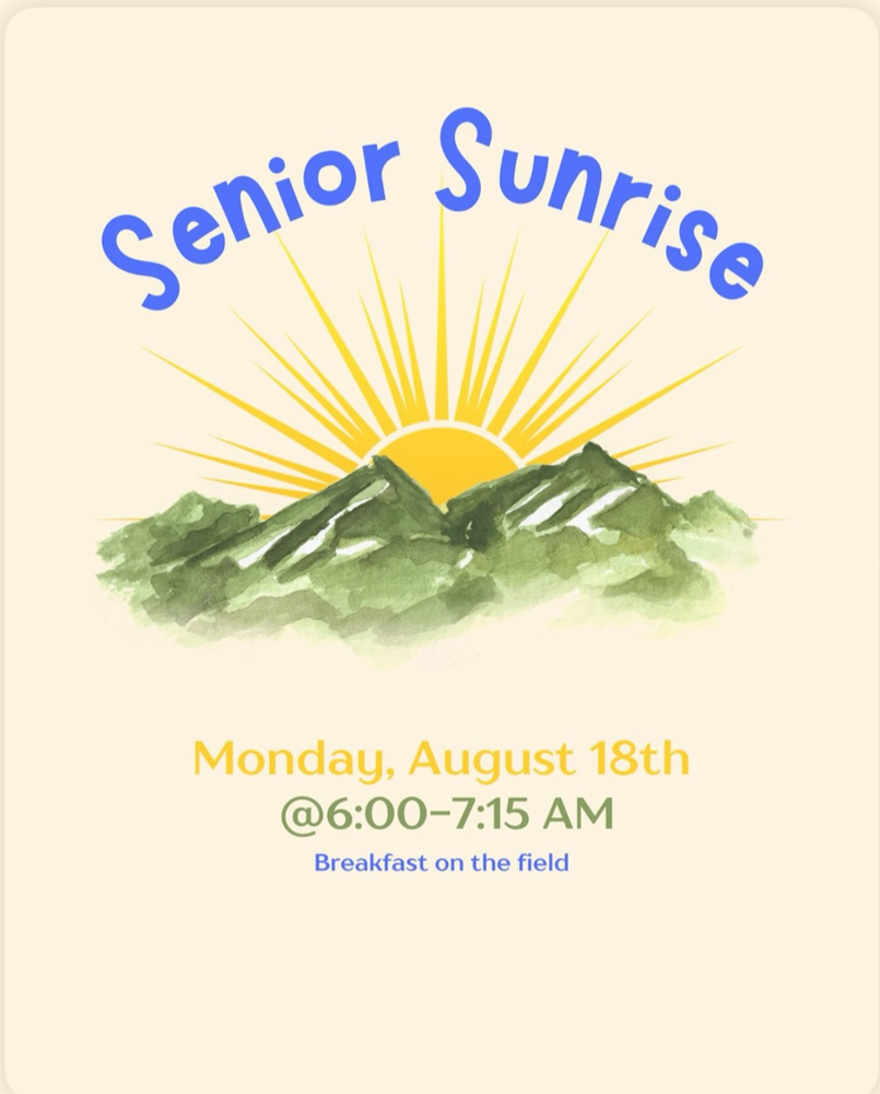 Senior sunrise 2025 flyer mountains with. sun rising behind them. 