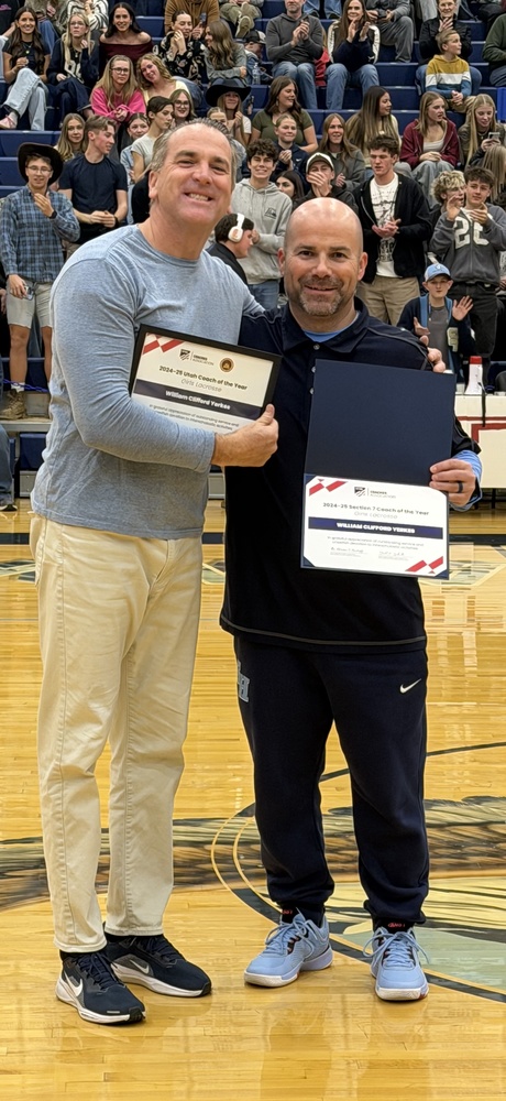 Congratulations to coach Cliff Yerkes! He was awarded the NFHS GLAX Coach of the Year for the state of UTAH and Section 7 (UT, AZ, NV, CA, and HI)! Go Skyhawks!  with AD Lee Gillie
